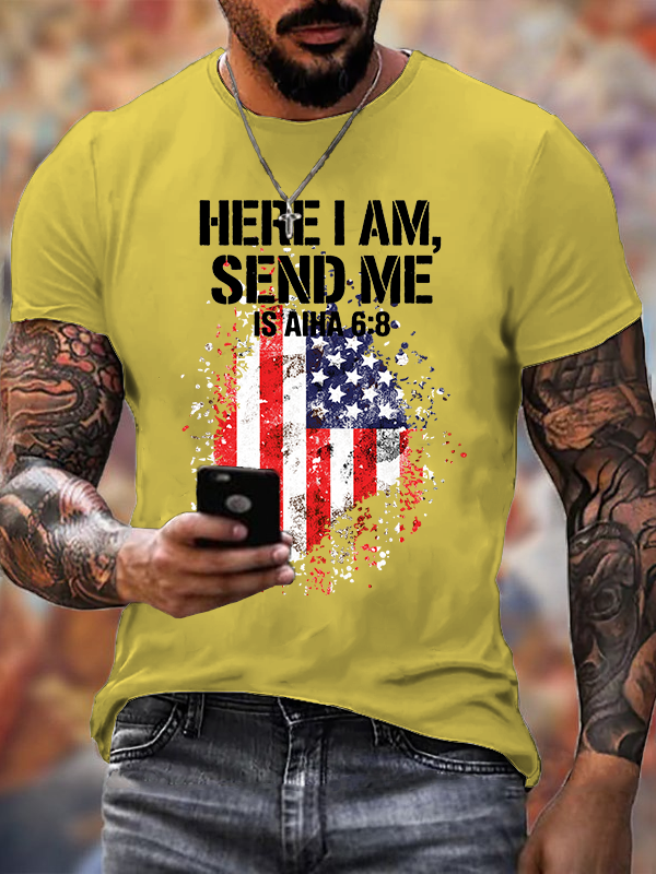 Here I Am Send Me American Flag Cross Isaiah 6 ：8 Jesus God Christian Cotton T-Shirt