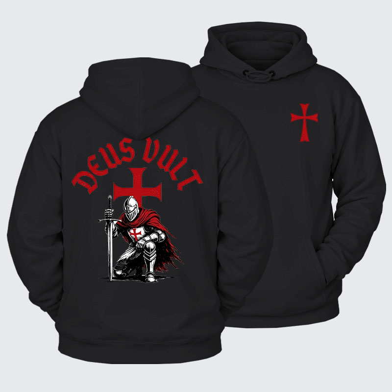 Plush Fleece-Lined Hoodie - Templar Knight Crusader Deus Vult