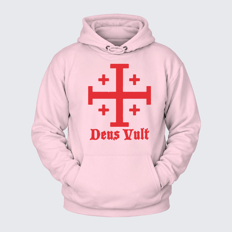 Plush Fleece-Lined Hoodie - Jerusalem Cross Deus Vult