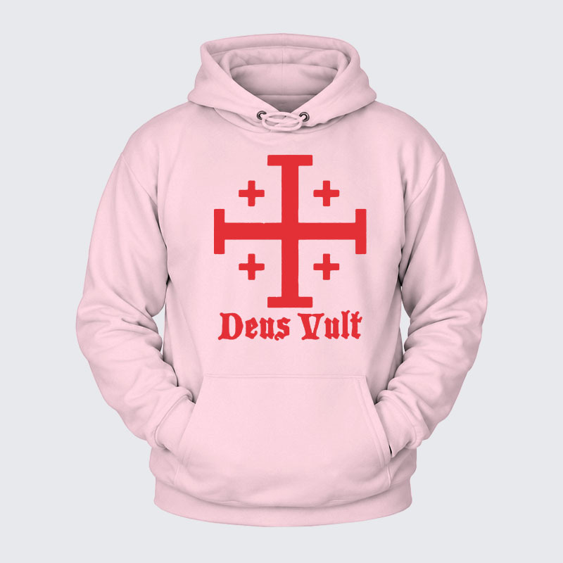 Plush Fleece-Lined Hoodie - Jerusalem Cross Deus Vult