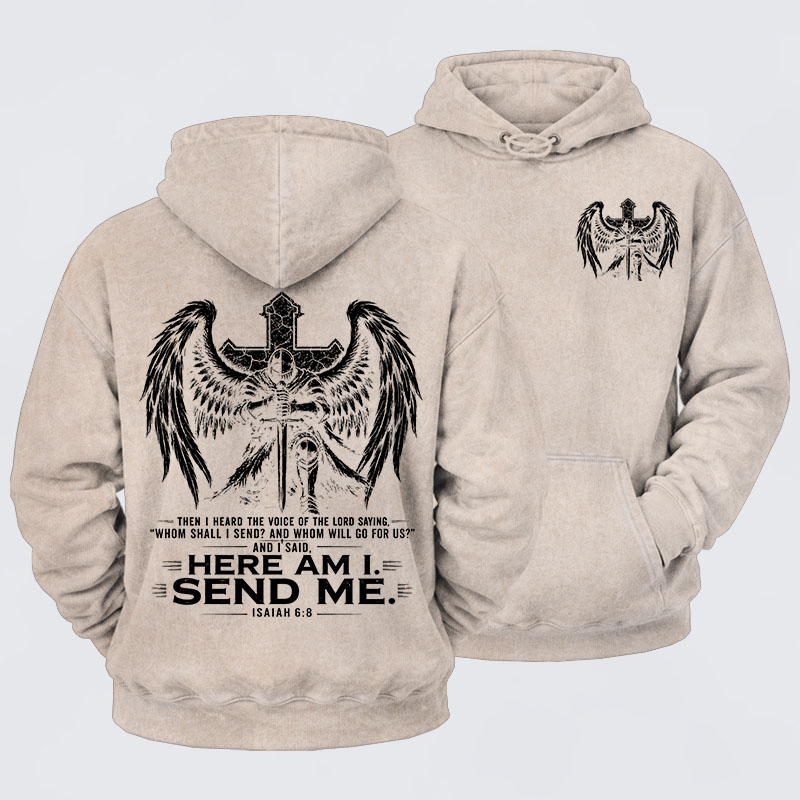 Washed Hoodie -   Here I Am Send Me Isaiah 6:8 Knight Templar Crusader