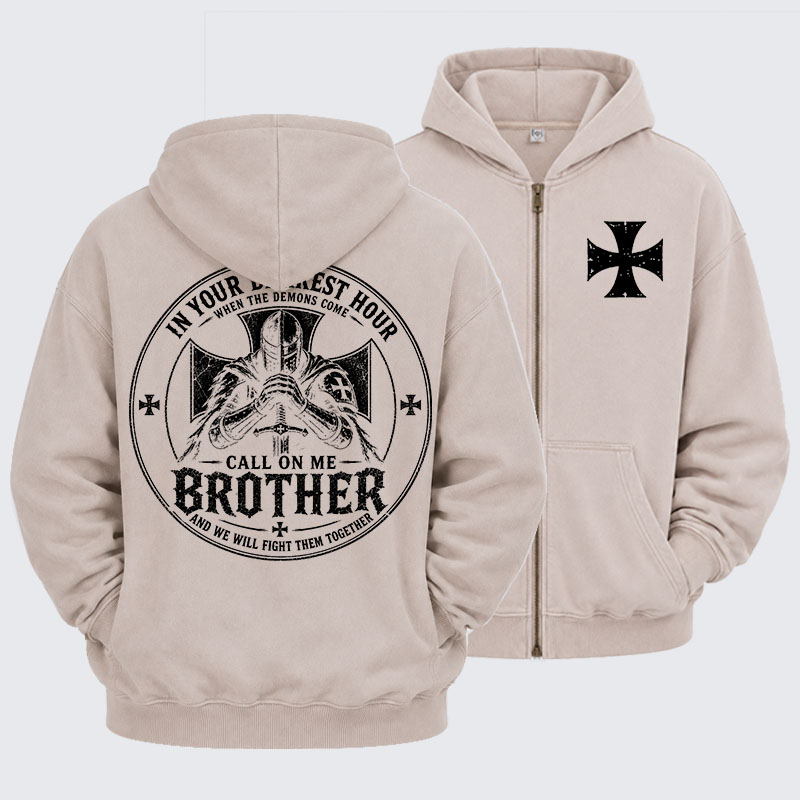 Washed Zip-Up Hoodie - Call On Me Brother – Knights of Faith