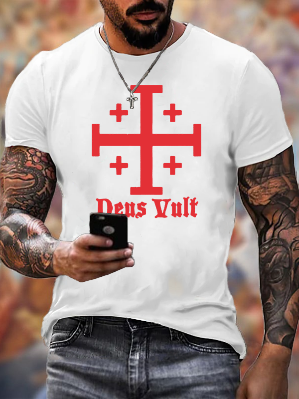Jerusalem Cross Deus Vult Jesus God Christian Cotton T-Shirt