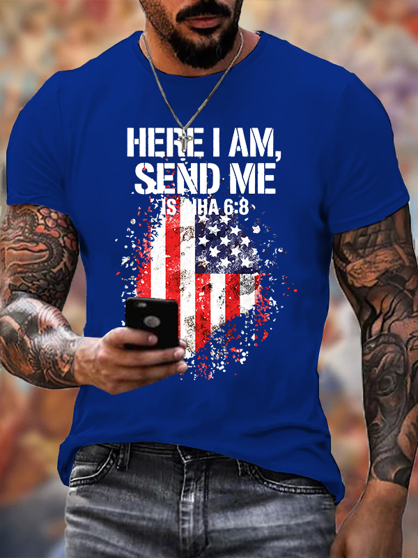 Here I Am Send Me American Flag Cross Isaiah 6 ：8 Jesus God Christian Cotton T-Shirt