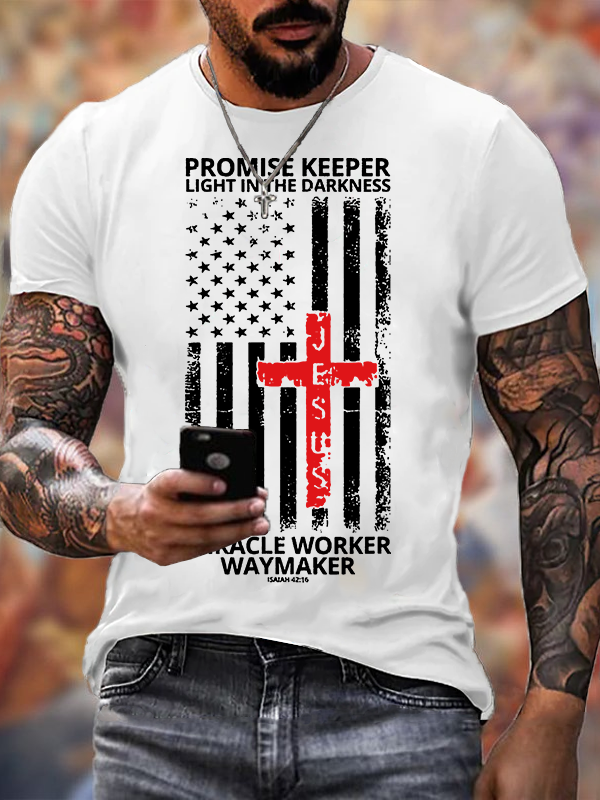 Waymaker Promise Keeper Miracle Worker American Flag Faith In Our Lord Jesus God Christian Cotton T-Shirt