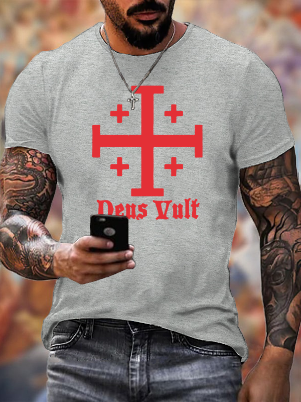 Jerusalem Cross Deus Vult Jesus God Christian Cotton T-Shirt
