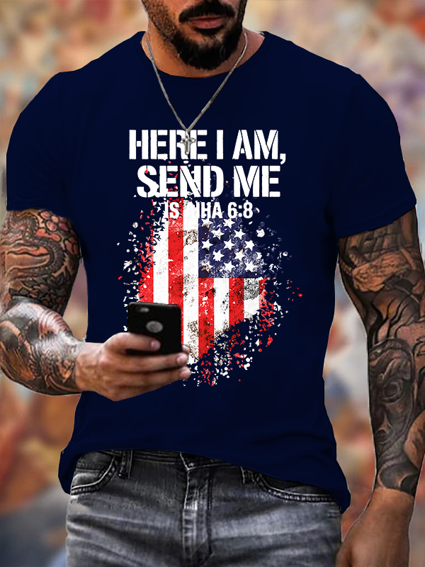 Here I Am Send Me American Flag Cross Isaiah 6 ：8 Jesus God Christian Cotton T-Shirt