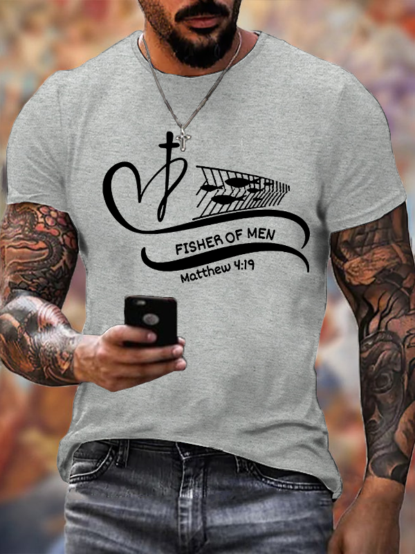 Man Of God, Fisher Of Men Matthew 4:19 Cross Faith Jesus God Christian Cotton T-Shirt