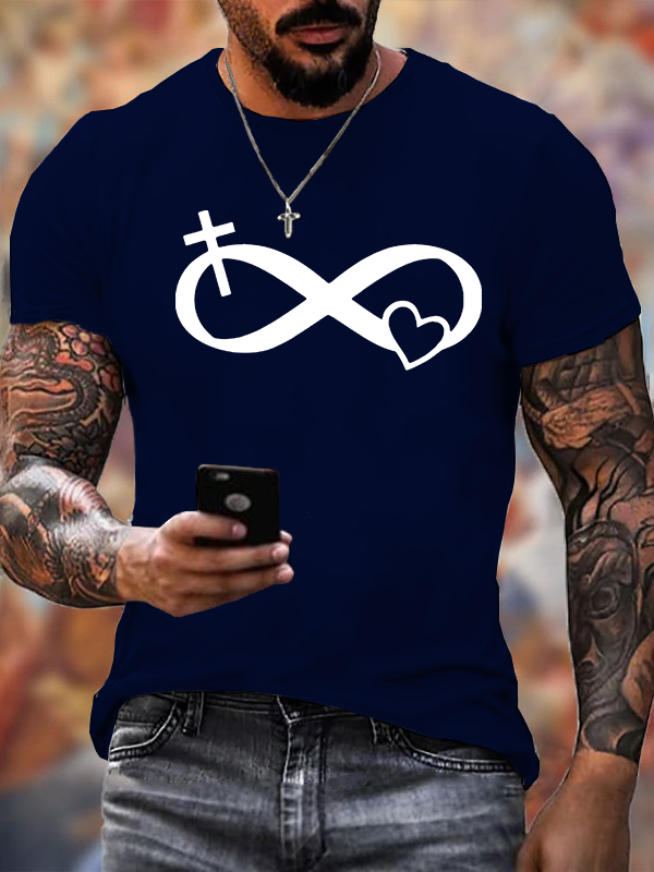 Infinity Cross Heart Print Cross Jesus God Christian Cotton T-Shirt
