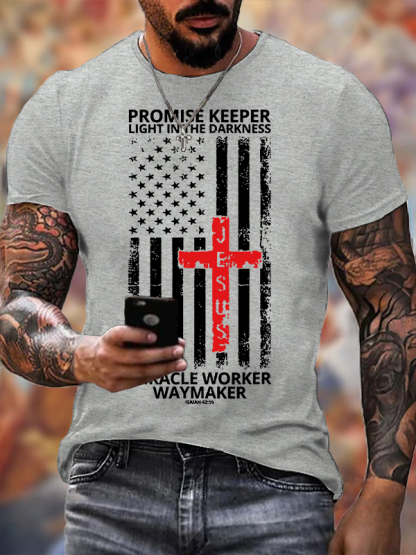 Waymaker Promise Keeper Miracle Worker American Flag Faith In Our Lord Jesus God Christian Cotton T-Shirt