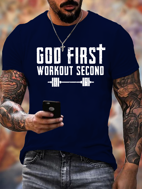 God First Workout Second Jesus God Christian Cotton T-Shirt
