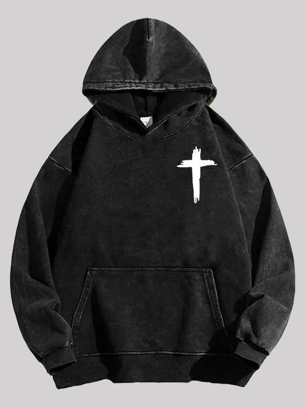 Cross Printed Washed Hoodie