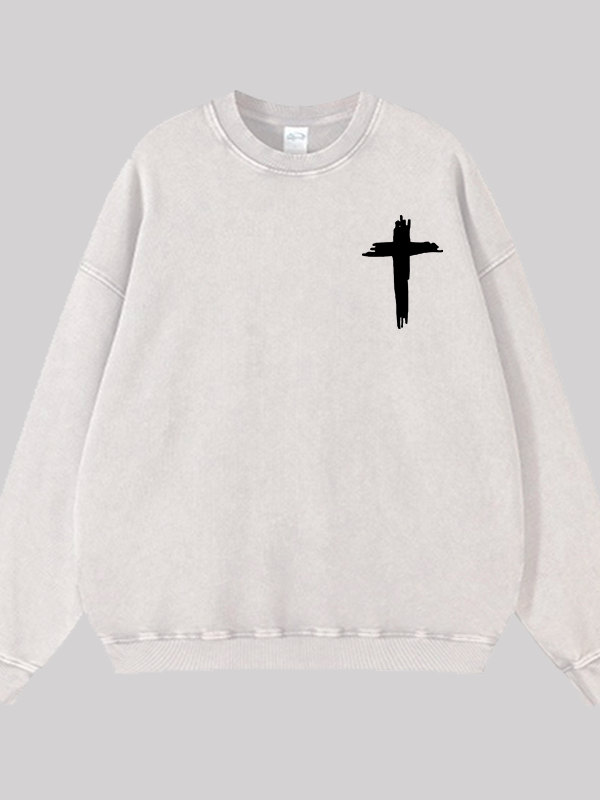 Cross Printed Jesus God Christian Washed Sweatshirt
