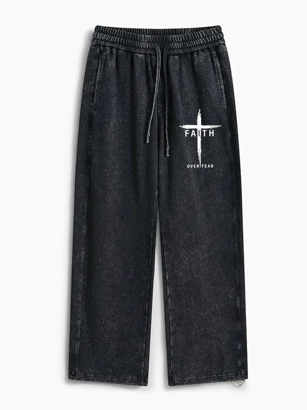 Faith Over Fear Cross Jesus God Christian Washed Sweatpants               