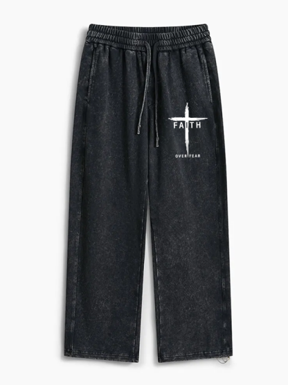 Faith Over Fear Cross Jesus God Christian Washed Sweatpants               