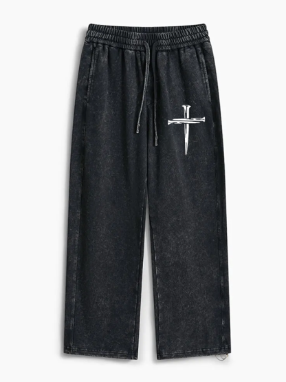 Cross Printed Jesus God Christian Washed Sweatpants