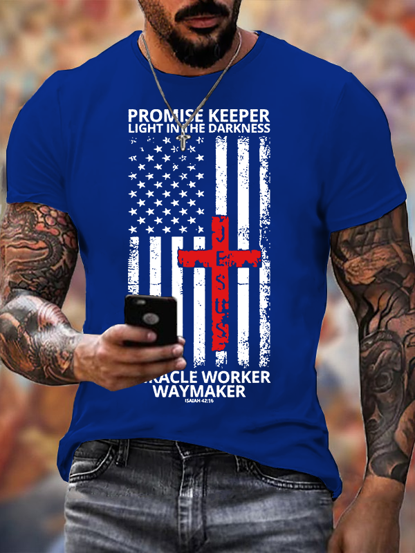 Waymaker Promise Keeper Miracle Worker American Flag Faith In Our Lord Jesus God Christian Cotton T-Shirt