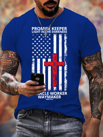 Waymaker Promise Keeper Miracle Worker American Flag Faith In Our Lord Jesus God Christian Cotton T-Shirt