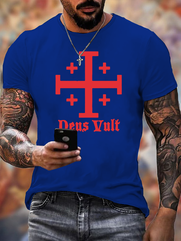 Jerusalem Cross Deus Vult Jesus God Christian Cotton T-Shirt