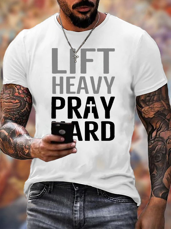 Lift Heavy, Pray Hard Jesus God Christian Cotton T-Shirt