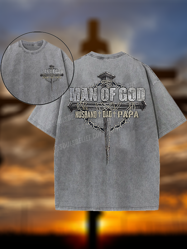 Man Of God Husband Dad PaPa Christian Washed T-Shirt