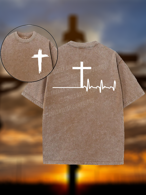 ECG Cross Christian Washed T-Shirt