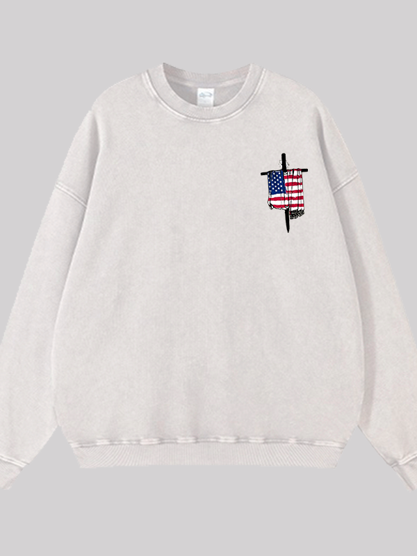 Faith Flag Cross Print  Jesus God Christian Washed Sweatshirt