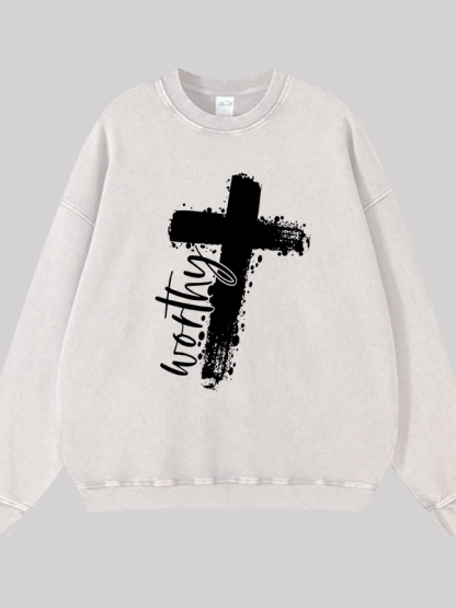 Worthy Cross Print  Jesus God Christian Washed Sweatshirt