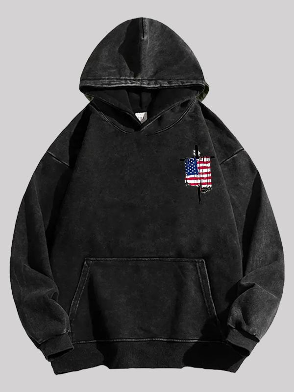 Faith Flag Cross Print  Jesus God Christian Washed Hoodie