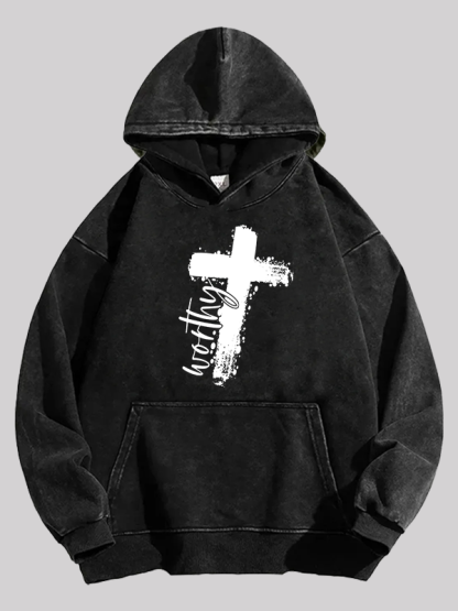 Worthy Cross  Jesus God Christian Washed Hoodie