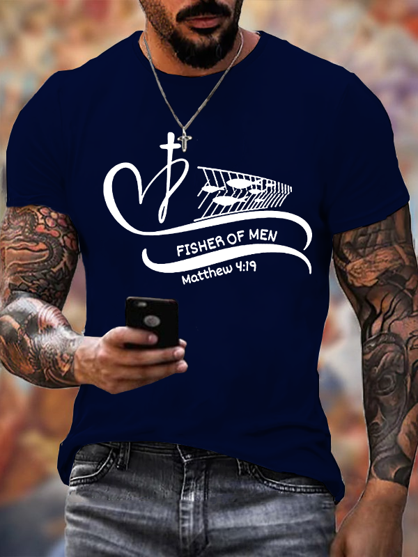Man Of God, Fisher Of Men Matthew 4:19 Cross Faith Jesus God Christian Cotton T-Shirt