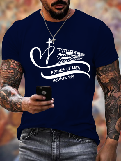 Man Of God, Fisher Of Men Matthew 4:19 Cross Faith Jesus God Christian Cotton T-Shirt