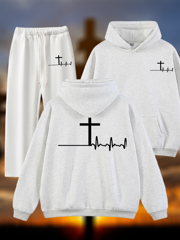 ECG Cross Jesus God Christian Plush Fleece-Lined Hoodie Set