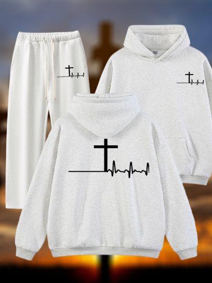 ECG Cross Jesus God Christian Plush Fleece-Lined Hoodie Set