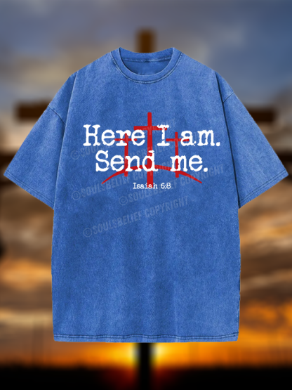 Here I Am Send Me - Bible Verse Isaiah 6:8 Christian Washed T-Shirt