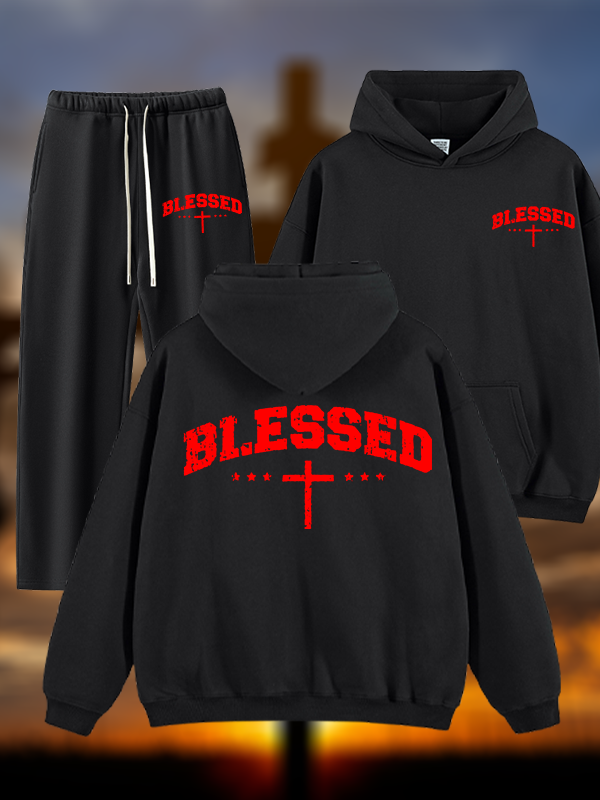 Blessed Cross Jesus God Christian Plush Fleece-Lined Hoodie Set