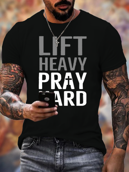 Lift Heavy, Pray Hard Jesus God Christian Cotton T-Shirt