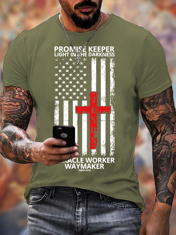 Waymaker Promise Keeper Miracle Worker American Flag Faith In Our Lord Jesus God Christian Cotton T-Shirt