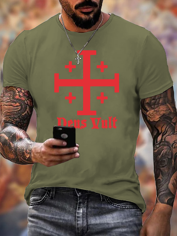 Jerusalem Cross Deus Vult Jesus God Christian Cotton T-Shirt