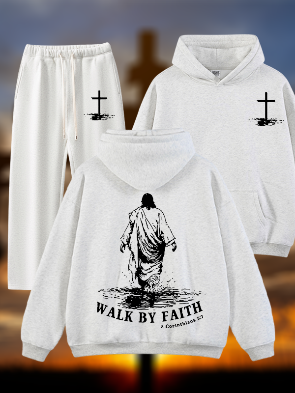 Walk by Faith Jesus God Christian Plush Fleece-Lined Hoodie Set