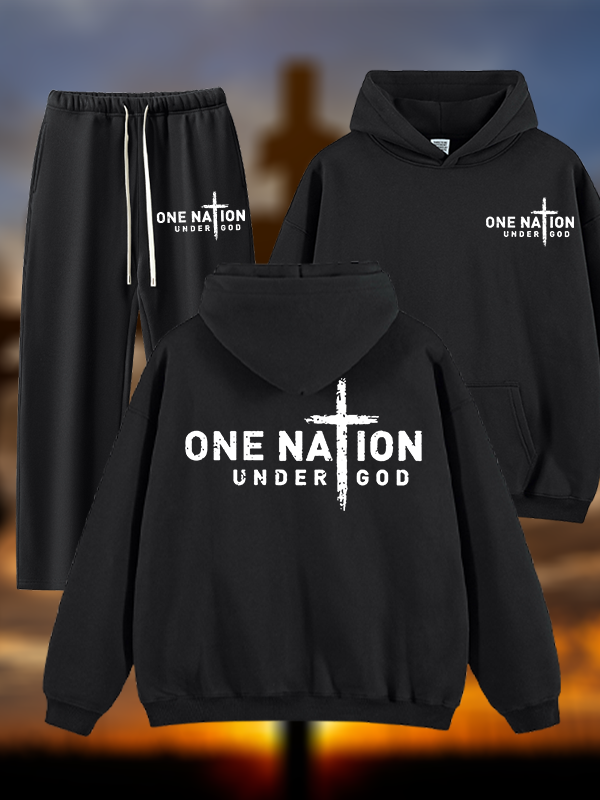 One Nation Under God Cross Jesus God Christian Plush Fleece-Lined Hoodie Set