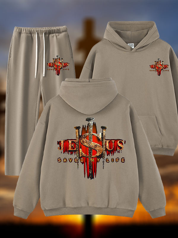 Jesus Saved My Life Jesus God Christian Plush Fleece-Lined Hoodie Set