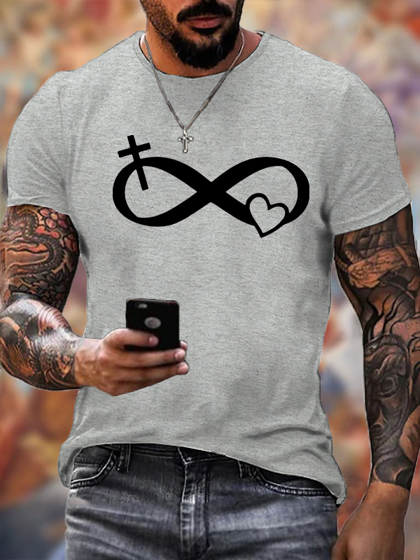 Infinity Cross Heart Print Cross Jesus God Christian Cotton T-Shirt