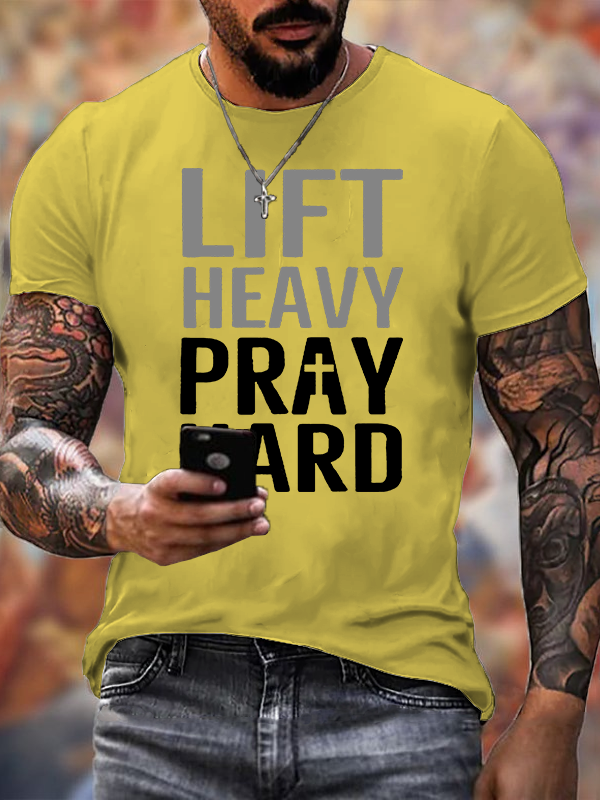 Lift Heavy, Pray Hard Jesus God Christian Cotton T-Shirt