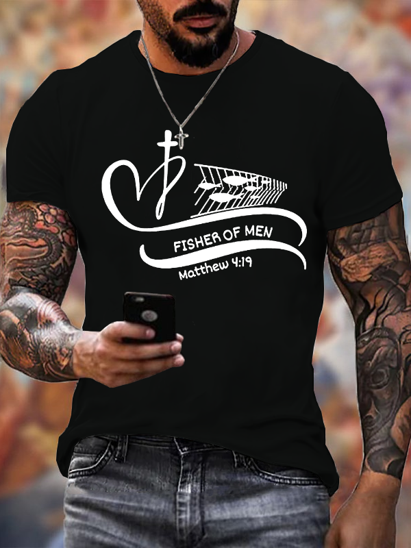 Man Of God, Fisher Of Men Matthew 4:19 Cross Faith Jesus God Christian Cotton T-Shirt