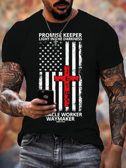 Waymaker Promise Keeper Miracle Worker American Flag Faith In Our Lord Jesus God Christian Cotton T-Shirt