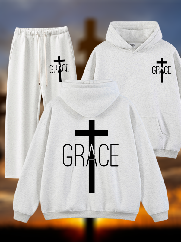 Grace Cross Jesus God Christian Plush Fleece-Lined Hoodie Set