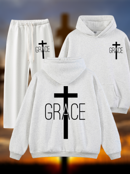 Grace Cross Jesus God Christian Plush Fleece-Lined Hoodie Set