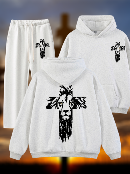 Lion Cross Jesus God Christian Plush Fleece-Lined Hoodie Set