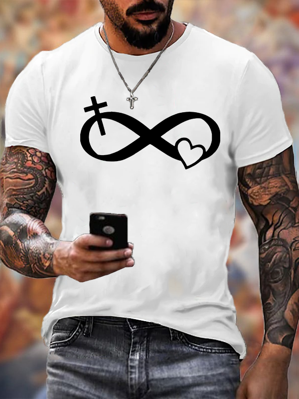 Infinity Cross Heart Print Cross Jesus God Christian Cotton T-Shirt